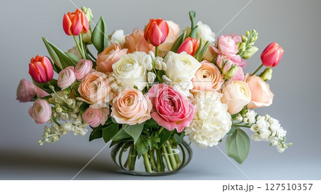 Beautiful bouquet of colorful roses and tulips in a glass vase 127510357