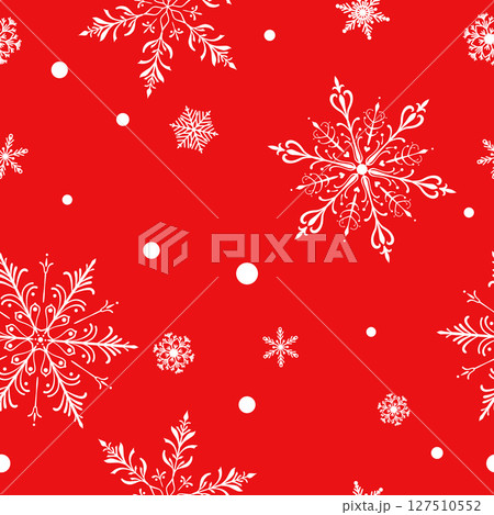 Christmas seamless pattern with intricate snowflakes and small circles on red. Christmas seamless pattern with intricate snowflakes and small circles on red. 127510552