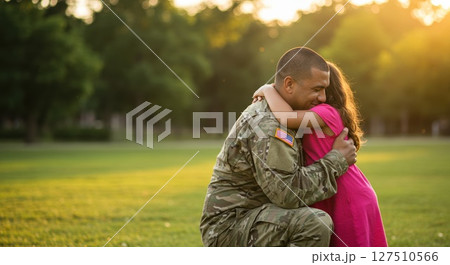Soldier kneels to hug child, emotional reunion. Reunion celebrates sacrifice, family love Soldier kneels to hug child, emotional reunion. Reunion celebrates sacrifice, family love 127510566