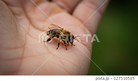 Bee on human hand represents dangerous moment before a painful sting. 127510585