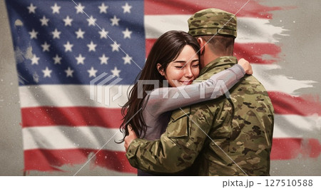Woman embraces soldier, emotional reunion. Reunion signifies sacrifice, love, lasting reunion 127510588