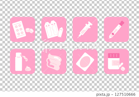 不妊治療の薬アイコンセット(膣錠・注射・ホルモンテープなど) 不妊治療の薬アイコンセット(膣錠・注射・ホルモンテープなど) 127510666