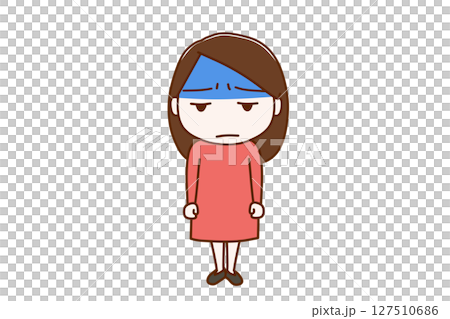 （全身正面）真っ青な顔色で不機嫌になりながら女性 127510686