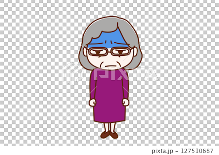 (全身正面)真っ青な顔色で不機嫌になりながら高齢の女性 (全身正面)真っ青な顔色で不機嫌になりながら高齢の女性 127510687