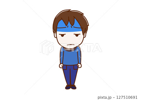 (全身正面)真っ青な顔色で不機嫌になりながら少年 (全身正面)真っ青な顔色で不機嫌になりながら少年 127510691