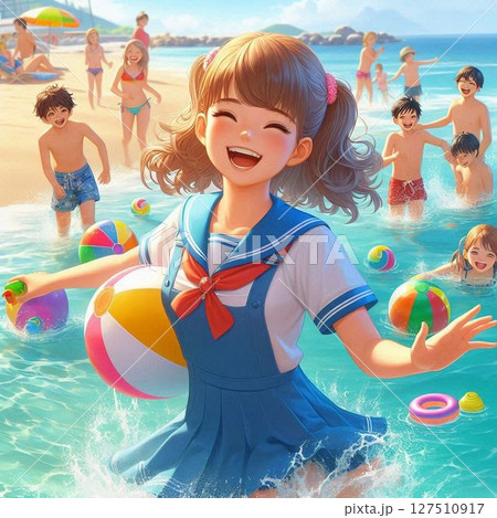 浜辺ではしゃぐ女子高生② 127510917