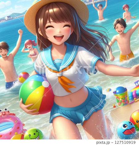 浜辺ではしゃぐ女子高生④ 127510919