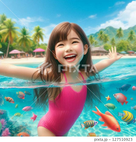 熱帯リゾートの海を楽しむ女の子と戯れる熱帯魚たち① 127510923
