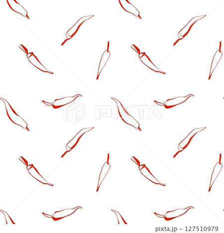 Minimal chili pepper seamless pattern in red line art on white background perfect for food packaging and kitchen textile design 127510979