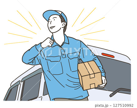 軽バンの前で荷物を運ぶ配達スタッフ 軽バンの前で荷物を運ぶ配達スタッフ 127510992