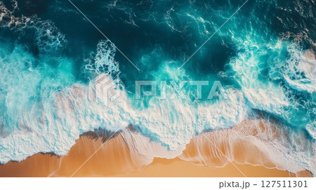 Aerial view of ocean smooth wave on beach, blue water for holiday trip Aerial view of ocean smooth wave on beach, blue water for holiday trip 127511301