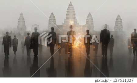 Shadowy figures walking before Cambodian cityscape, blending digital deception with Khmer motifs in dark, mysterious atmosphere Shadowy figures walking before Cambodian cityscape, blending digital deception with Khmer motifs in dark, mysterious atmosphere 127511327
