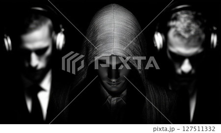 Mysterious individuals in hood and headphones create enigmatic atmosphere in dark setting 127511332