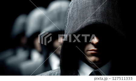 Mysterious figures in hooded cloaks stand in shadow, creating enigmatic and secretive atmosphere 127511333