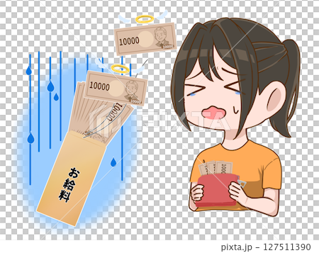 A woman sad about her reduced salary 127511390