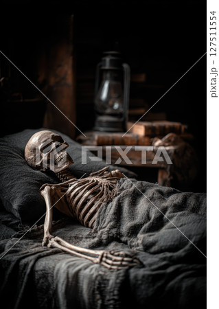 Skeleton, old woman, lying, bed, dark photo, eerie mood, vintage lamp 127511554