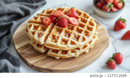 Gluten free flour ingredient waffle crunchy breakfast cake on wooden board 127511606