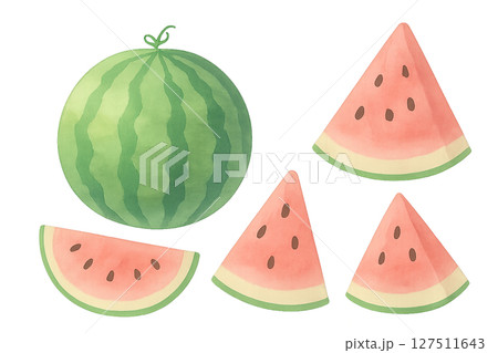 スイカの水彩イラスト　丸ごとと三角カットセット　夏の果物 127511643