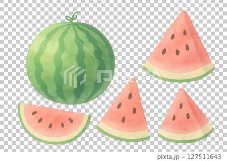 スイカの水彩イラスト　丸ごとと三角カットセット　夏の果物 127511643