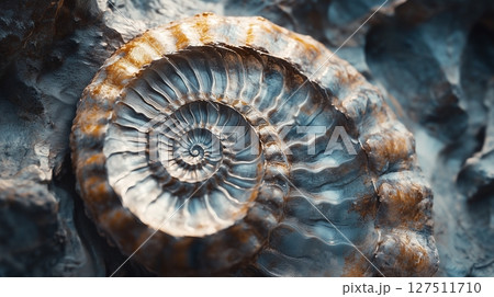 Closeup ammonite fossil ancient marine animal paleontology research 127511710