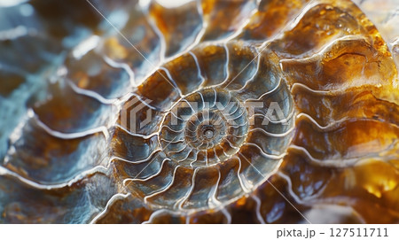 Closeup ammonite fossil ancient marine animal paleontology research 127511711