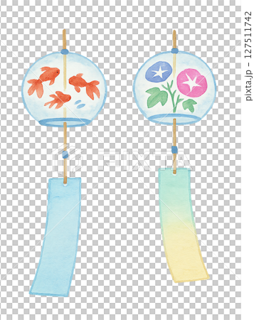 風鈴、金魚和牽牛花圖案的水彩插圖，涼爽的夏季材料，透明背景 127511742