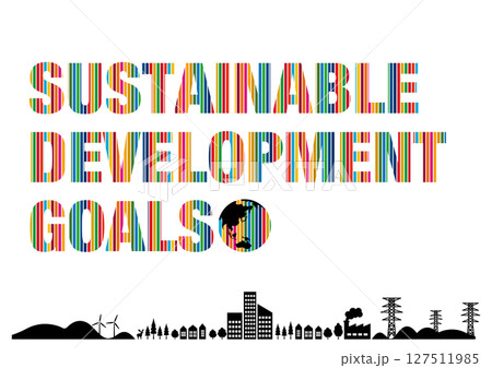 SDGsをイメージした17色のロゴと街並みの背景素材 127511985