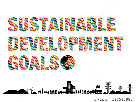 SDGsをイメージした17色のロゴと街並みの背景素材 127511986
