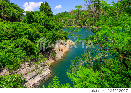 新緑の山に囲まれた宮ケ瀬ダムの風景 127512007