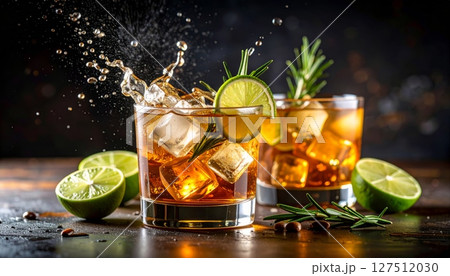 Glass of cold citrus cocktail with lime, ice, and fresh mint Glass of cold citrus cocktail with lime, ice, and fresh mint 127512030