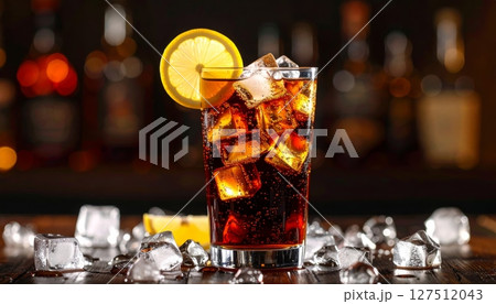 A cold alcoholic beverage, whether a glass of champagne, cocktail, or whiskey, sits ready on a bar counter or table at a party or restaurant 127512043