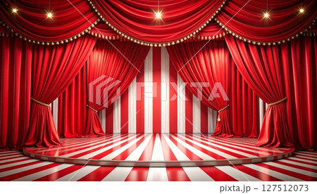 Regal red velvet theater curtains with a spotlight illuminate the stage for a captivating performance 127512073