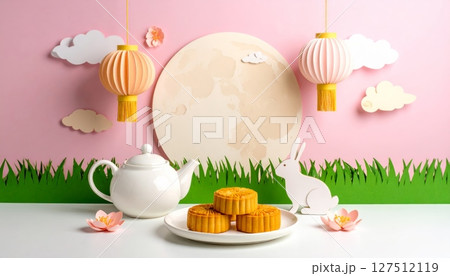 A cheerful Easter card with decorated eggs, bunnies, and spring flowers, perfect for a festive holiday breakfast table 127512119