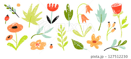 Flower crayon watercolor spring floral set. Hand drawn pastel crayon flower, leaf, plant with chalk texture. Cute nature background for kid, child, garden doodle element design. Vector Flower crayon watercolor spring floral set. Hand drawn pastel crayon flower, leaf, plant with chalk texture. Cute nature background for kid, child, garden doodle element design. Vector 127512230