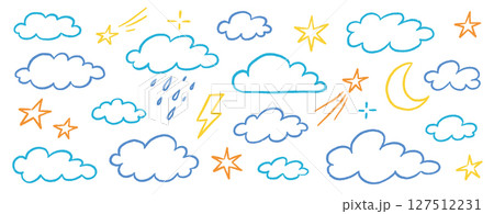 Crayon hand drawn pencil cloud element set. Hand drawn pastel crayon pencil stroke star, cloud, sun elements. Cute baby color sky elements school background with chalk texture. Vector 127512231