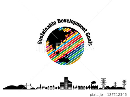 SDGsをイメージした17色の地球のロゴと街並みの背景素材 127512346