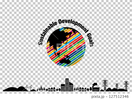 SDGsをイメージした17色の地球のロゴと街並みの背景素材 127512346