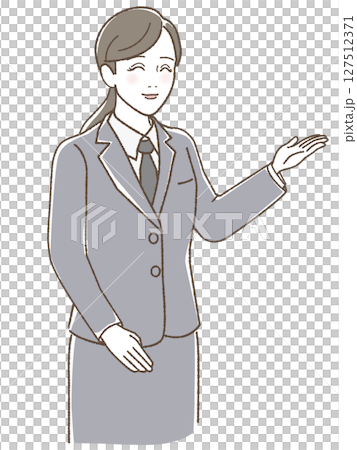 A woman in a suit smiling and raising her hand 127512371