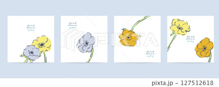 線画の花と植物のベクターイラスト。シンプルな植物のフレーム背景テンプレート。おしゃれなハガキデザイン 127512618