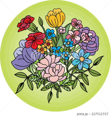 Abstract bouquet flower with leaf on green circle background. Abstract bouquet flower with leaf on green circle background. 127512727