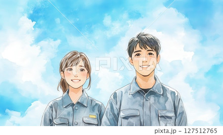 仕事着を着た若い男女イラスト・晴れやかな青空の背景素材_3 127512765
