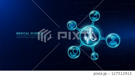 Medical science. Arthritis osteoporosis diagnosis. Human hip joint bone inside transparent molecule with icons doctor pill syringe stethoscope and plus sign. On dark blue background. Vector. 127512913