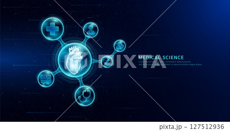 Human heart organ inside transparent molecule with icons doctor pill stethoscope and plus sign on dark blue digital technology background. Medical science. Vector EPS10. Human heart organ inside transparent molecule with icons doctor pill stethoscope and plus sign on dark blue digital technology background. Medical science. Vector EPS10. 127512936