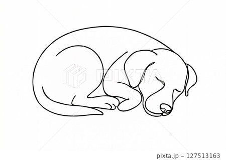 眠る子犬を線で描いたシンプルなワンラインアート 127513163