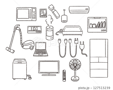 ペンで描いた風家電セット白黒 ペンで描いた風家電セット白黒 127513239