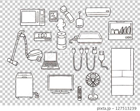 ペンで描いた風家電セット白黒 ペンで描いた風家電セット白黒 127513239