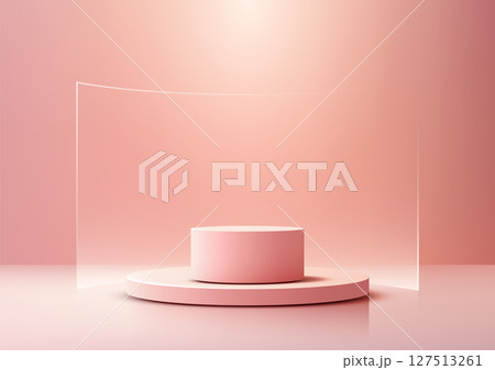 minimalist pink podium mockup 3d render, cylindrical stand on circular base, product display showcase on soft backdrop 127513261