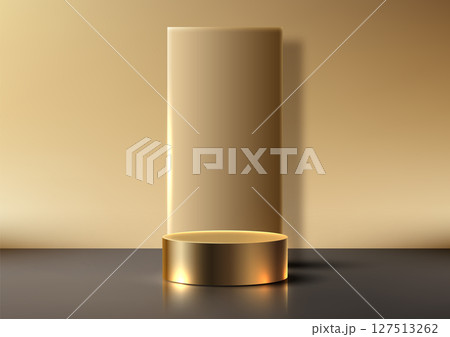 luxury gold cylindrical podium mockup on reflective surface 3d for product display showcase elegant modern award luxury gold cylindrical podium mockup on reflective surface 3d for product display showcase elegant modern award 127513262