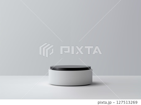 Minimalist 3d white cylindrical podium with a black top, isolated on a light gray background. product mockups, modern presentations 127513269