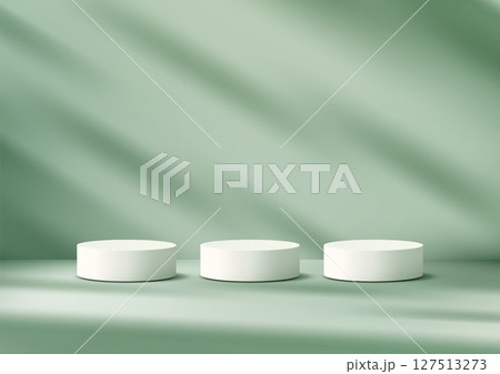 white cylindrical podiums on light green surface elegant product display mockup showroom showcase white cylindrical podiums on light green surface elegant product display mockup showroom showcase 127513273